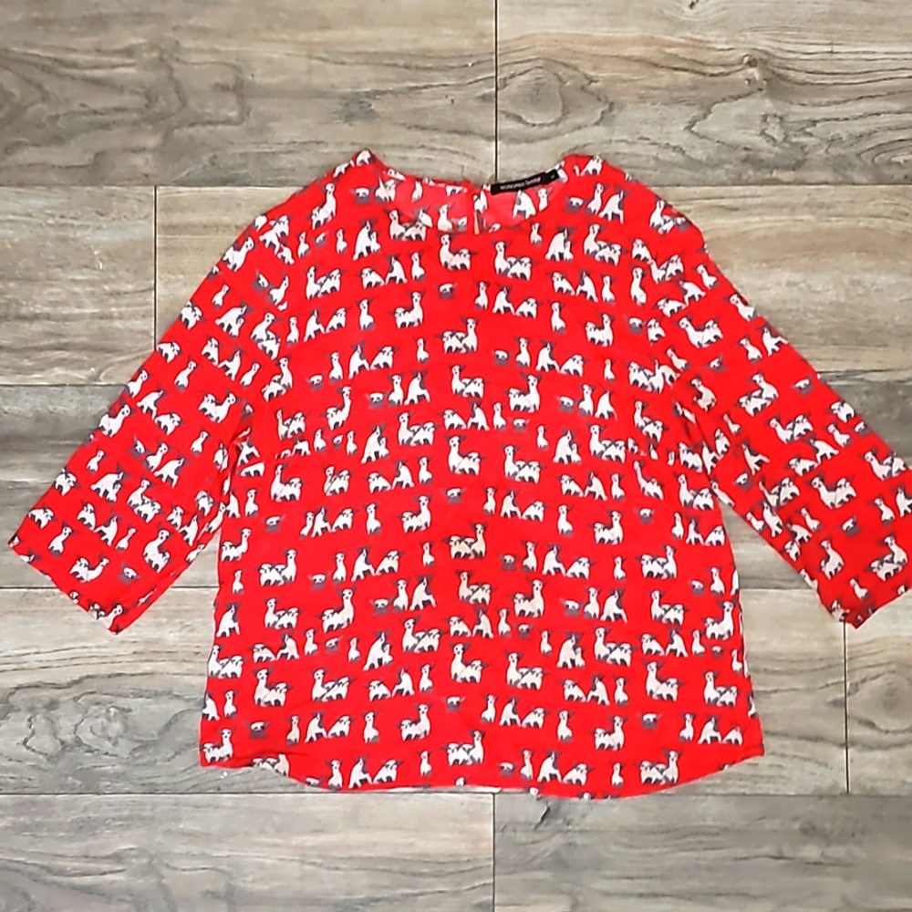 Monoprix Femme animal print top size 44 red cats or dogs super cute viscose